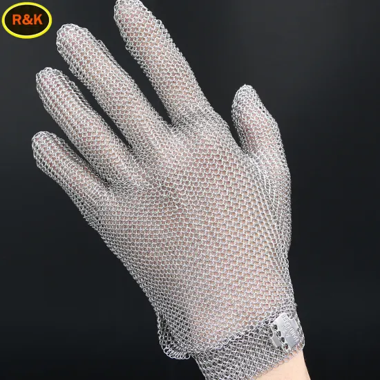 stainless steel five finger ring mesh glove with metal strip