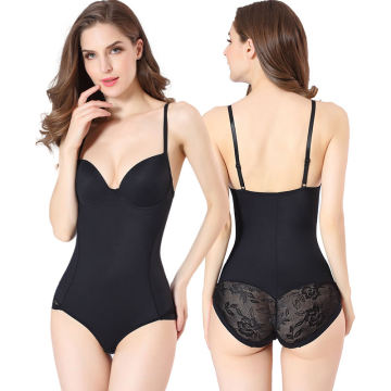 Black Lace V Neck Push Up Waist Trainer Bodysuit