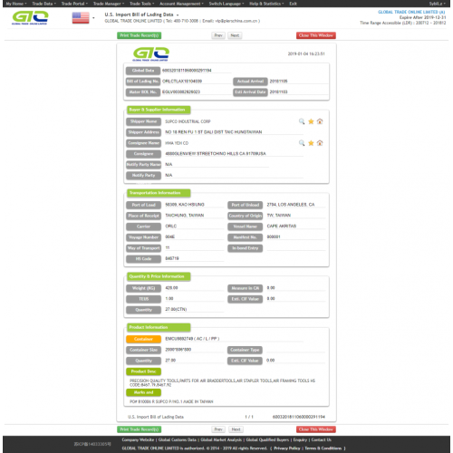 Air Tools for USA Import Trade Data