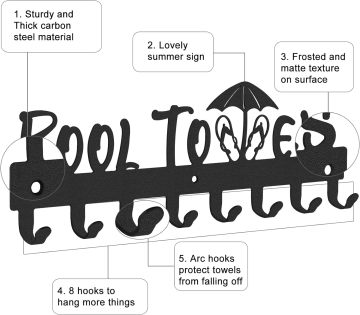 Wall-Mounted Pool Towel Rack with 8 Hooks for Outdoor and Bathroom Use