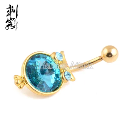 Gold Plated Aqua Crystal Owl Belly Ring Piercing Belly