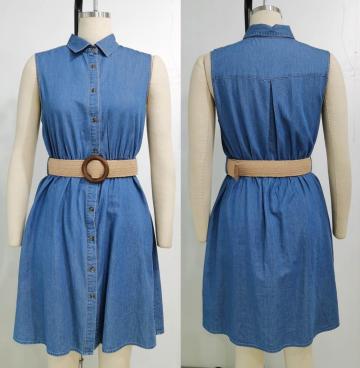 Woven Blue Denim Belt Dress