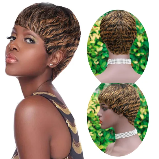 Highlight Brown Kinky Curly Wig Brazilian Human Hair Pixie Cut Short Afro Wigs High Density for Black Women