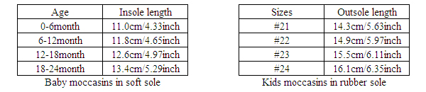 Baby moccasins shoes sizes