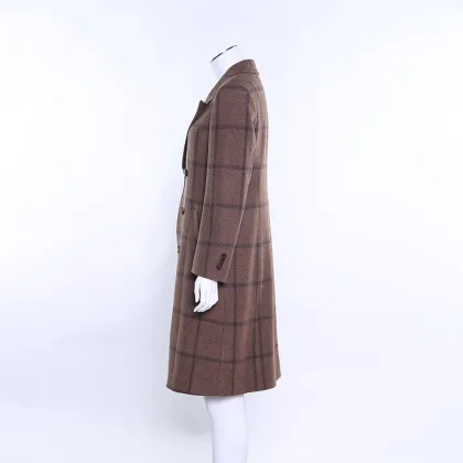 classic double breasted plaid long coat High level Lapel Fashion women long coat wool trench coat
