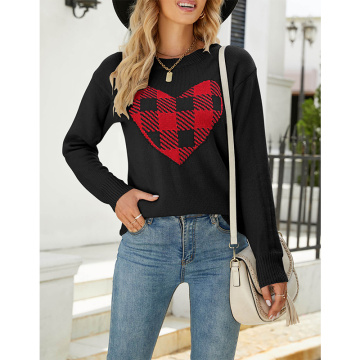 Women Crew Neck Plaid Heart Sweaters