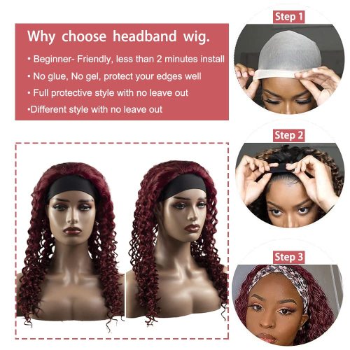 99J Red Curly Wave Headband Wig Human Hair