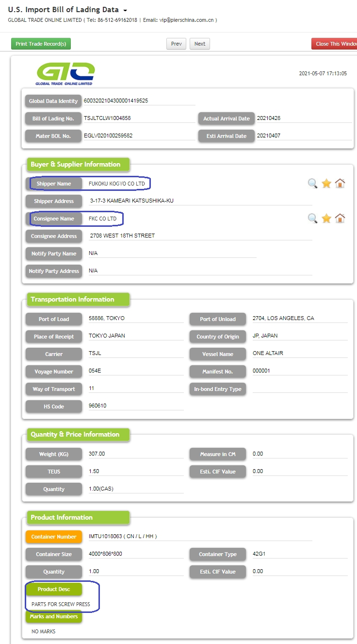 Press Parts USA Importera data