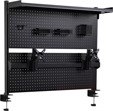 Metal Desk Pegboard Organizer with VESA Monitor Holder, Hooks, and Shelving - Black Metal Gaming and Office Solution