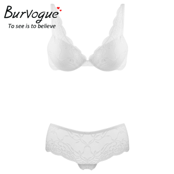 Burvogue White Deep V Women Underwear Lace Push Up Bra Sets Wholesale