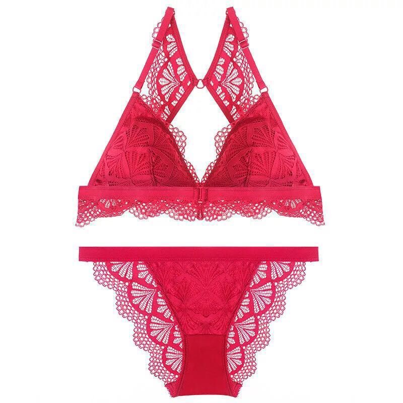 Front Open Wide Lace No Wire Bralette Panty Cotton Crotch Red