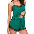 Women Sleepwear Sleeveless Strap Nightwear Lace Trim Satin Cami Top Pajama Sets Women Solid Color Underwear 1.17