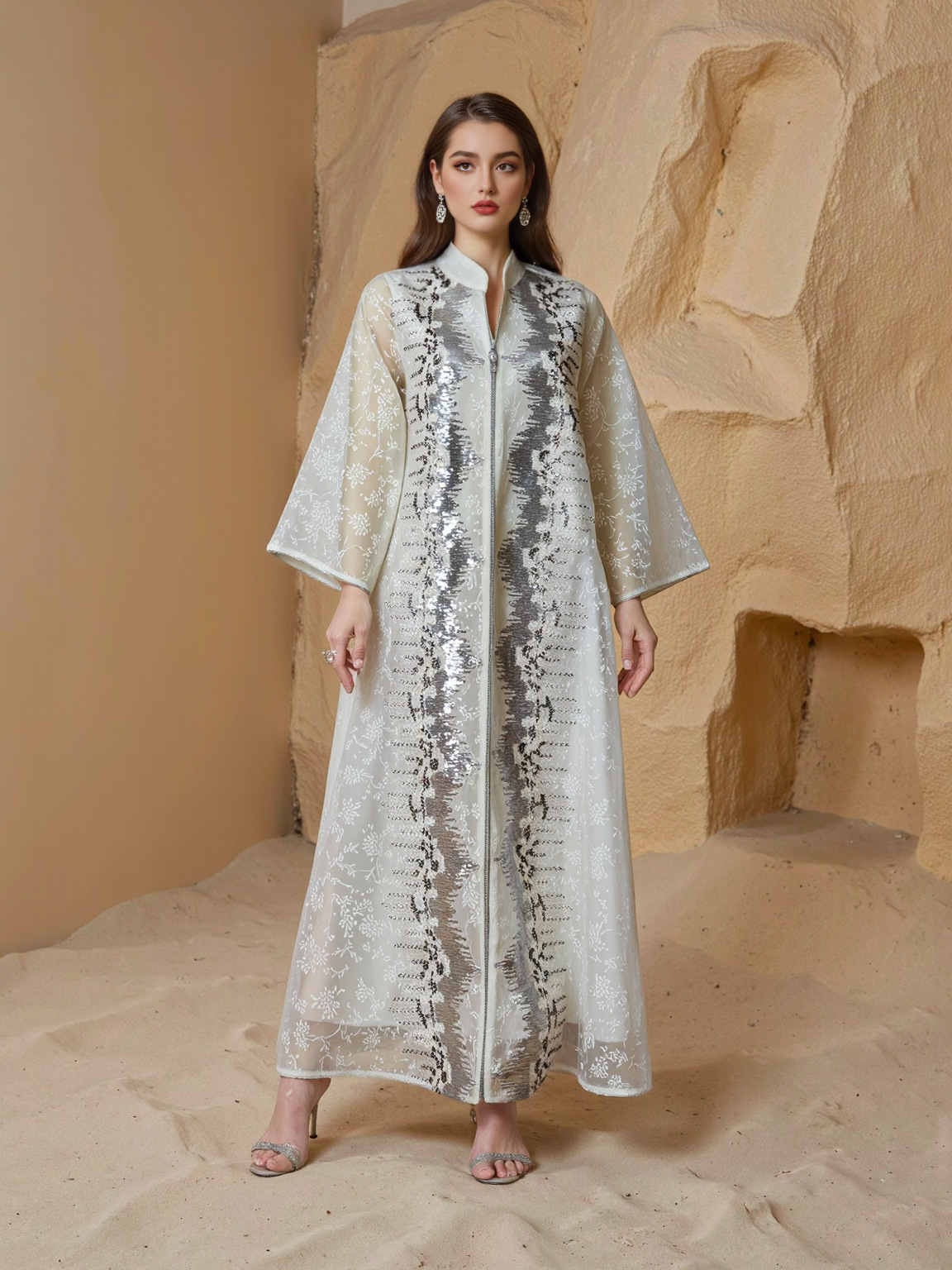 Silver Embroidered Mesh Abaya Dress Style