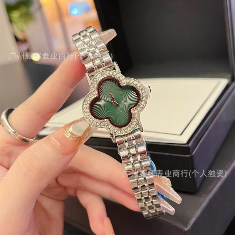 Simple Four Leaf Clover Diamond Ring Watch for Women