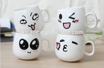 Wholesale cute souvenir custom emoticon logo printing ceramic milk cup with lid and spoon