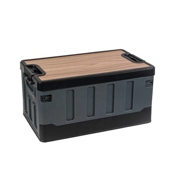 Large Capacity Folding PP Plastic Storage Box with Wooden Cover - 35L/60L for Camping and Home Organization