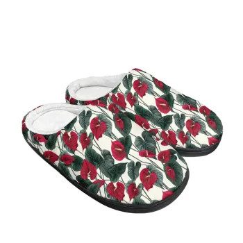 Custom Hawaiian Anthurium Print Cotton Slippers - Unisex Furry Floral Indoor Slippers with Logo Drop Shipping