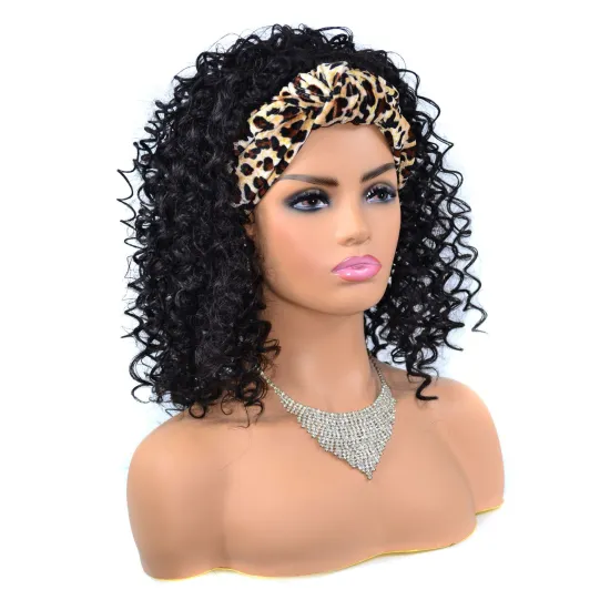 Wholesale Ombre Turban Wig Afro Wig Short With leopard band Kinky Curly Synthetic Wig With Headband Attached For Black Women