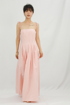 French Pink Suspender Waist Cinching Backless Long Skirt