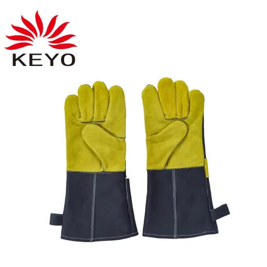 Heat Resistant Cowhide Leather BBQ Grill Oven Long Non-slip Mitt Glove