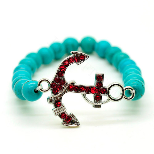 Turquoise 8MM Round Beads Stretch Gemstone Bracelet with Diamante anchor alloy Piece