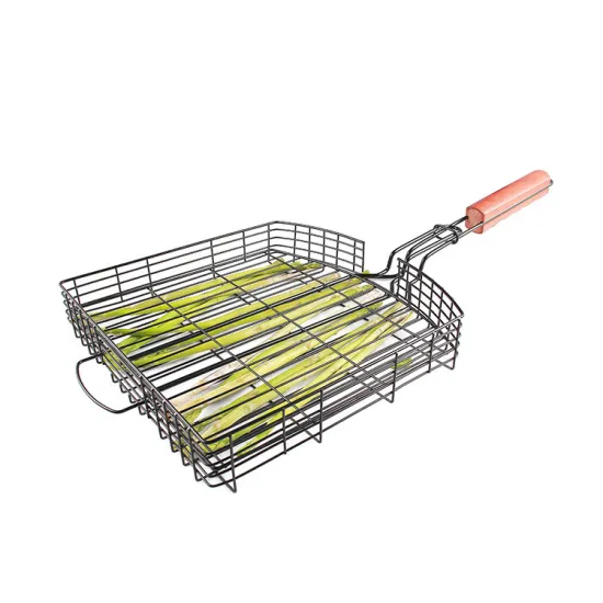 Outdoor Portable Stainless Steel Grill Net Basket with wood handle non stick kabob grilling baskets for Fish Vegetables Shrimp
