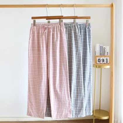 Women's Cotton Gauze Elastic Waist Checkered Pajama Pants - Breathable and Sexy Nightwear