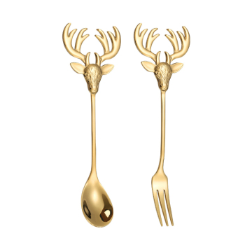 Cute Elk Shape 304 Stainless Steel Short Handle Coffee Scoop Spoon Fork