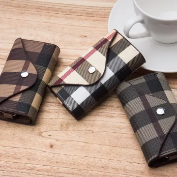 High Quality Plaid Leather Key Bag with Card Slots and Metal Ring