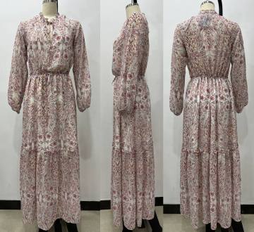 Long Sleeves Longuette Temperament Floral Waist Dress