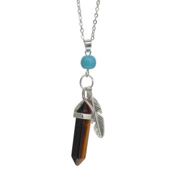 Tiger's Eye Feather Hexagonal Prism Pendant Choker Necklace