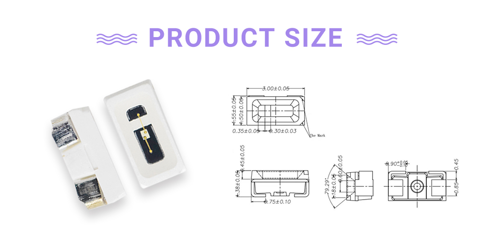 Size of 3015UVC40P1L14 400 nm LED Emitters 3014 Side View LED