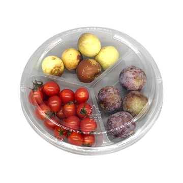 Wholesale Round Plastic Fruit Salad Packaging Tray with Transparent Lid - 3 Compartment Container for Pet Material" 

However, considering typical SEO practices and the focus of the item, a more streamlined title could be:

"Round Plastic Fruit Salad Tray