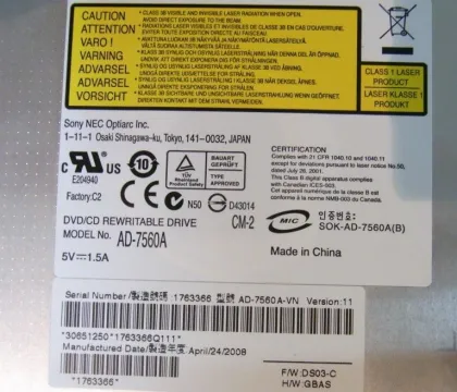 Black Bezel Sony Ad-7560a 8x Dvd±rw Dl Notebook Ide Optical Disc Drive