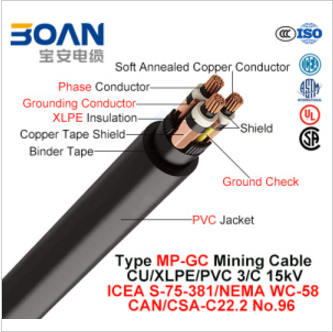 Type MP-Gc, Mining Cable, Cu/XLPE/PVC, 3/C, 15kv (ICEA S-75-381/NEMA WC-58)