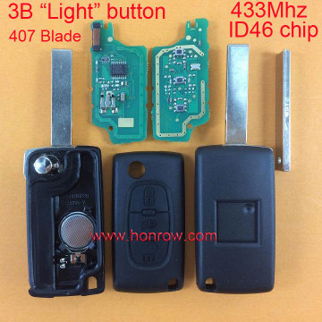 Hot sale With Light button Peugeot 3 button 433Mhz ID46 Chip flip remote key HU83 407 Blade with battery