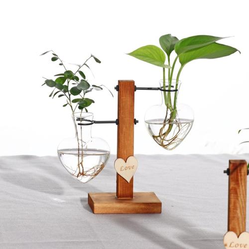 Test Tube Flower Vase Wooden Stand Flower Pots for Hydroponic Plants Office Home Decoration