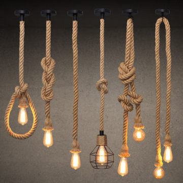 Retro Loft Industrial Hanging Lamp Vintage Hemp Rope Chandelier Pendant Light with LED Bulb