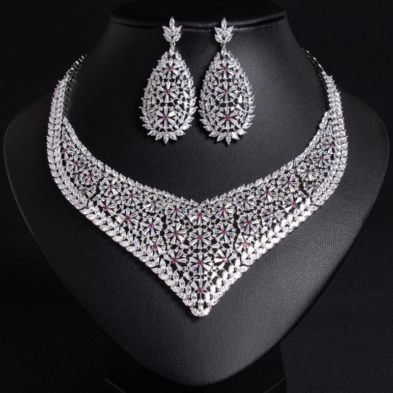 Floral Teardrop Bib Bridal CZ Jewelry Set
