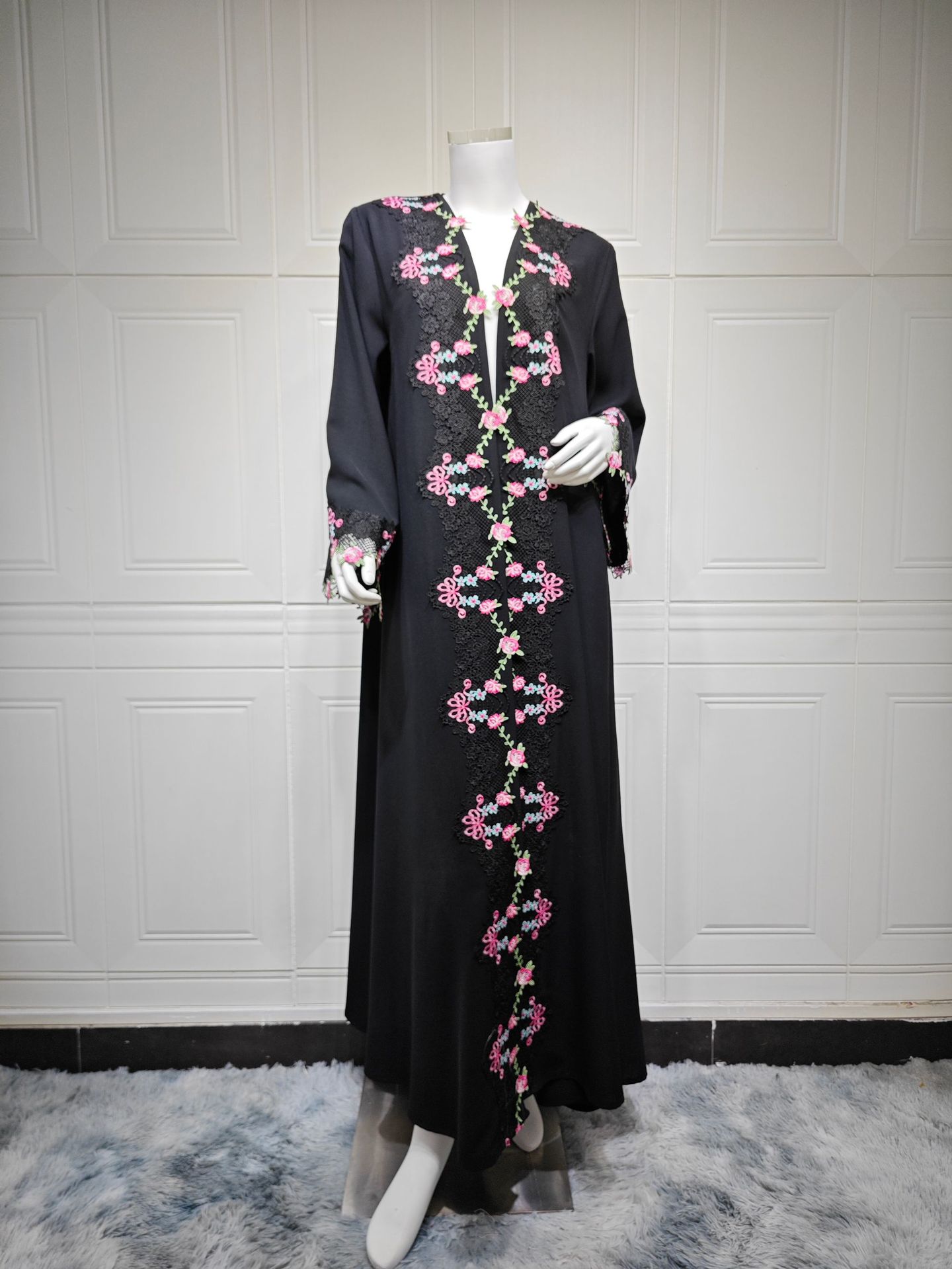 Dubai Lace Embellished Open Front Abaya for Women