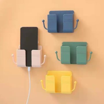 Multi-Functional Wall Mount Stand for Phone Accessories: Includes Mobile Charger, Remote Control Holder & Storage Box - Adhesive Plastic Design
