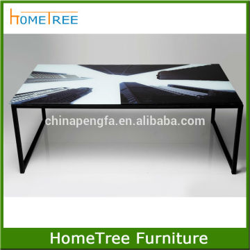 Cheap painting glass top and metal frame holding table