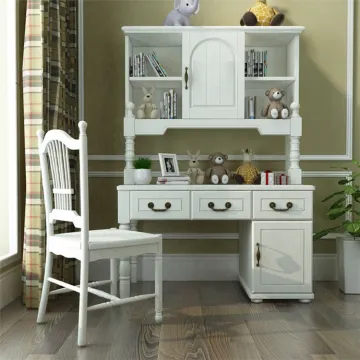 Solid Wood Study Table and Chair Set with White Bookshelf for Kids