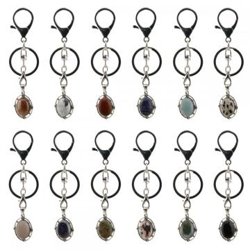 Gemstone Cabs Oval Shape Keychains Natural Stone Quartz Crystal Oval Alloy Keyring Healing Cab Charm Key Chain Key Ring Women