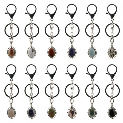 Gemstone Cabs Oval Shape Keychains Natural Stone Quartz Crystal Oval Alloy Keyring Healing Cab Charm Key Chain Key Ring Women