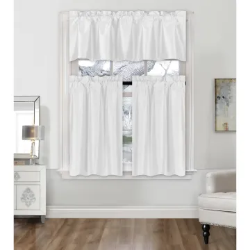 3 Piece Solid Color Faux Silk Kitchen Curtain Set with Tiers and Valance