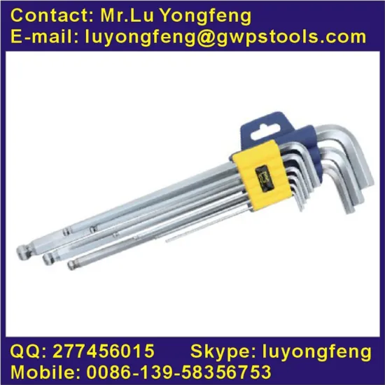 9pcs allen key set with satin finish, long arm and ball point end in plastic display rack