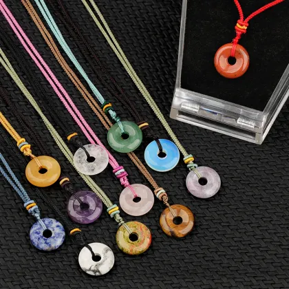 20MM Round Donut Pendant Woven Necklace With Colorful Rope Natural Crystal Circle Donut Pendant Charm Adjustable Choker Necklace