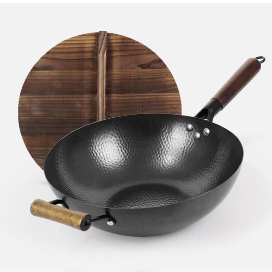 Fish Scale Pattern Hand-Hammered Non-Stick Carbon Steel POW Wok with Wooden Handle