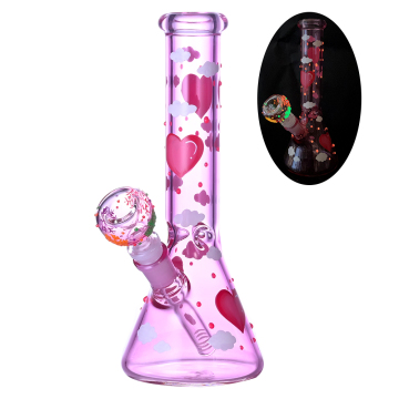 Handdrawn Cartoon Love & Cloud Pattern Cigarette Set,Glow In The Dark,Borosilicate Pink Glass Water Pipe,Glass Beaker Bong